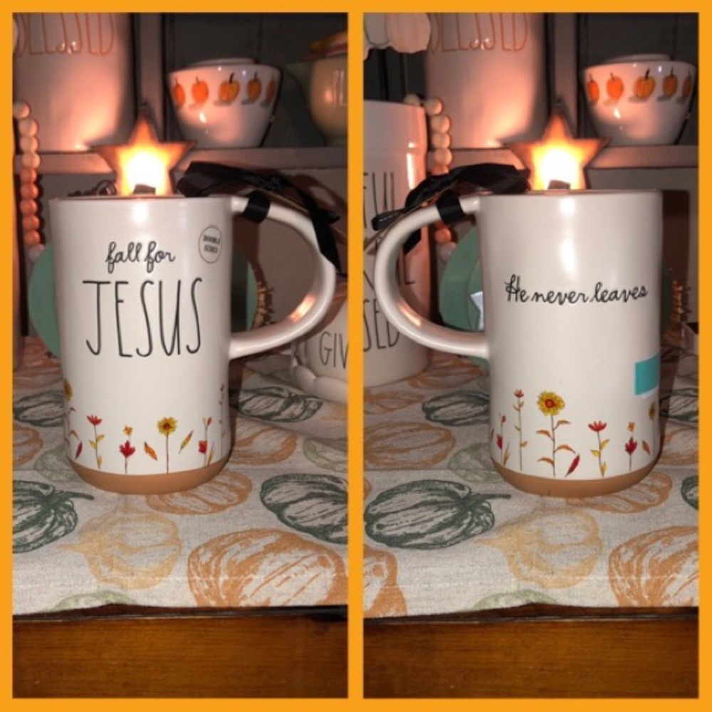 Rae Dunn FALL FOR JESUS HE NEVER LEAVES Tall Mug with Fall Flowers